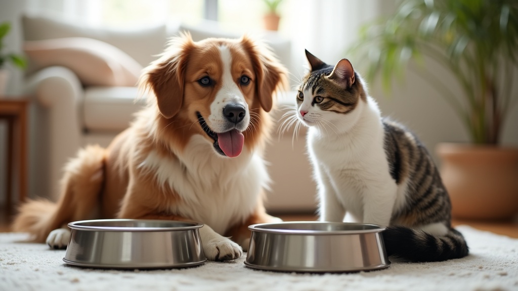A cat and a dog drinking water from separate bowls