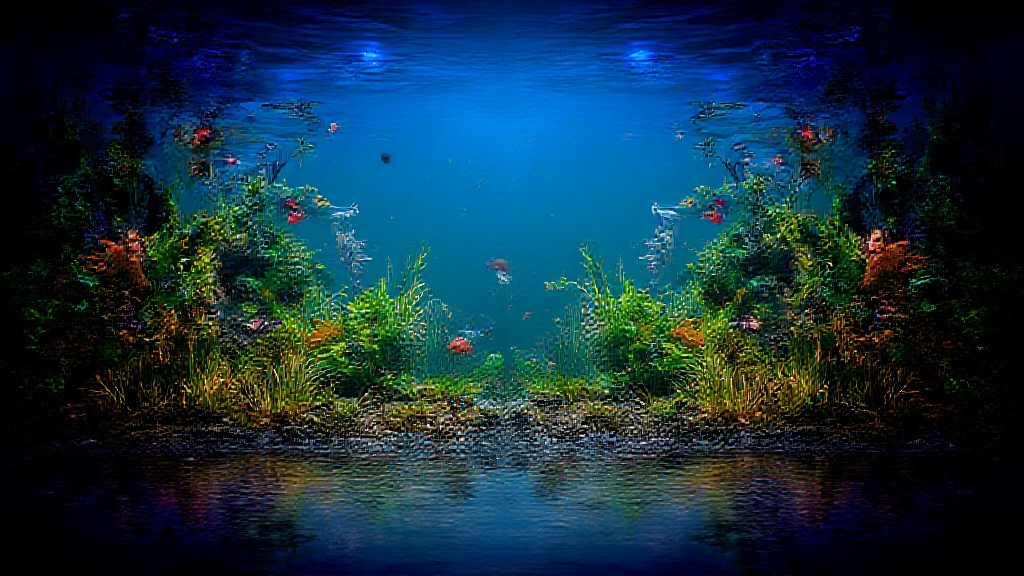 A colorful freshwater aquarium with vibrant LED lighting, showing fish, aquatic plants, and vivid reflections in the tank.