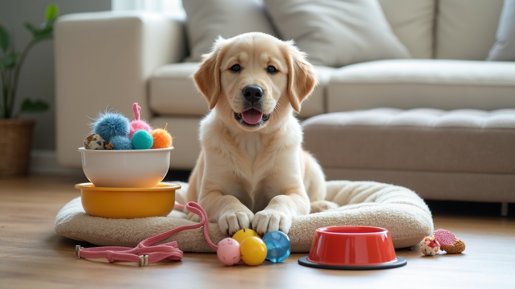 A cozy dog bed, a food bowl, chew toys, and a leash neatly arranged on a living room floor.
