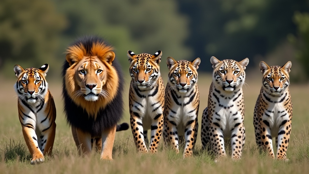 A variety of big cats in natural settings, including a lion, a tiger, and a leopard resting among trees and grass.