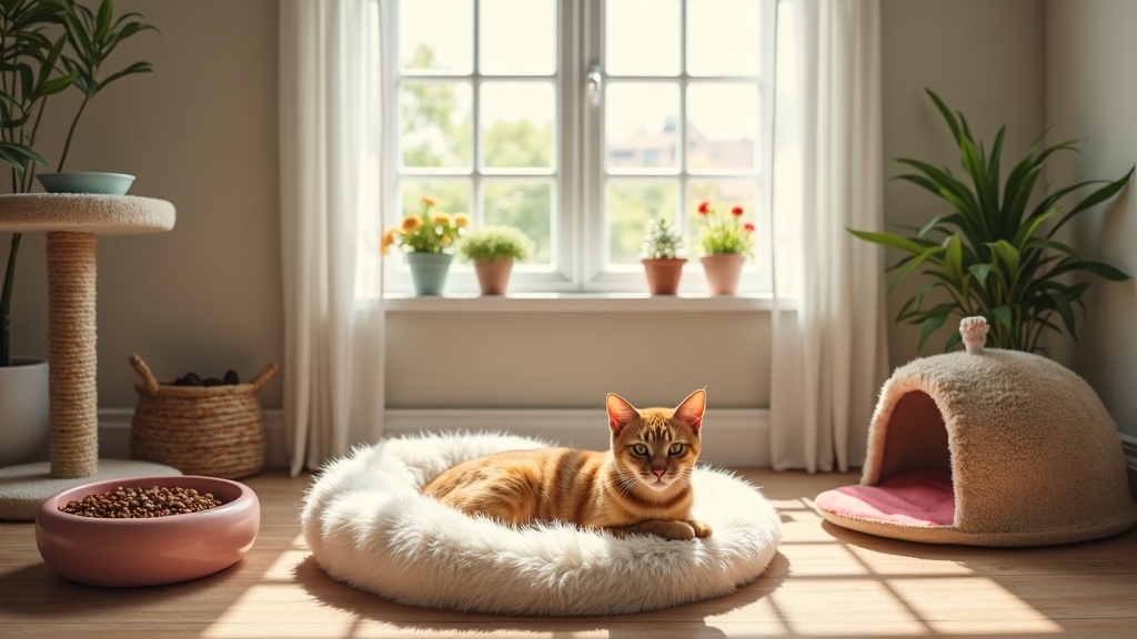 An inviting cat setup showing cozy bedding, scratching post, food and water dishes, toys, and a litter box in a calming home setting.
