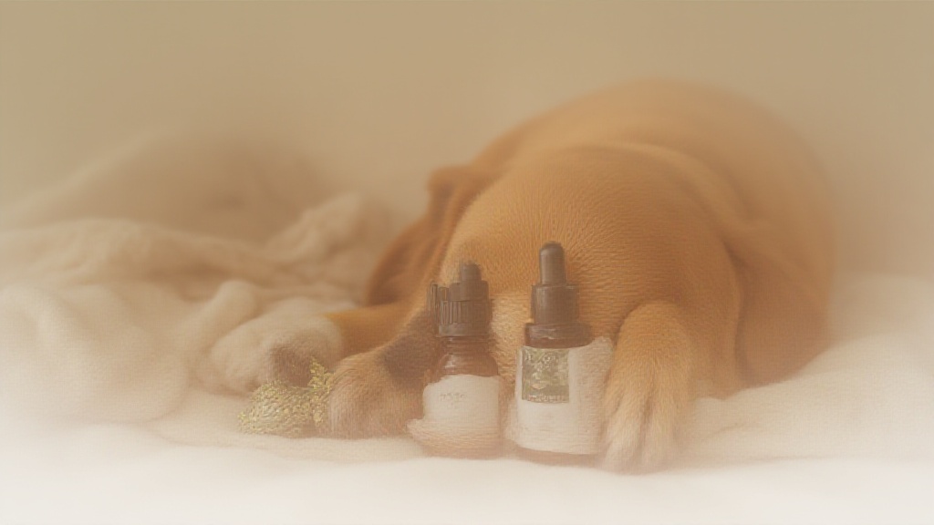 Bottles of essential oils and calming herbs next to a relaxed dog on a soft blanket