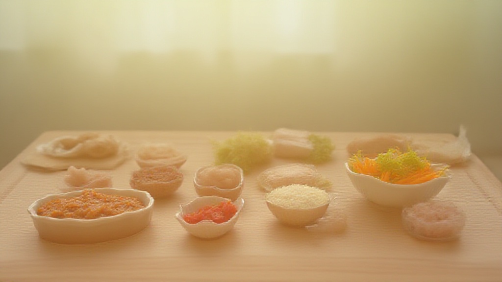 Homemade dog food ingredients neatly arranged on a kitchen table. Dog bowl and measuring cup nearby. Stainless pot in background.