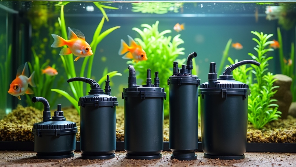 A close-up of different aquarium filters set up in a vibrant freshwater fish tank with lush green plants and colorful fish swimming around.