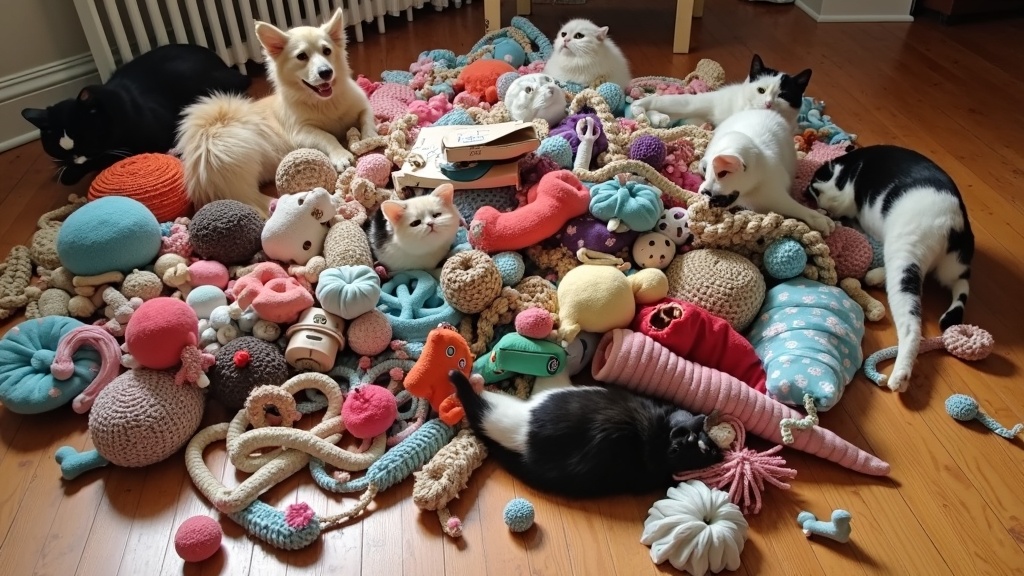 A colorful heap of homemade fabric, rope, cardboard, and wooden pet toys on a wooden floor, surrounded by cats, dogs, and other pets