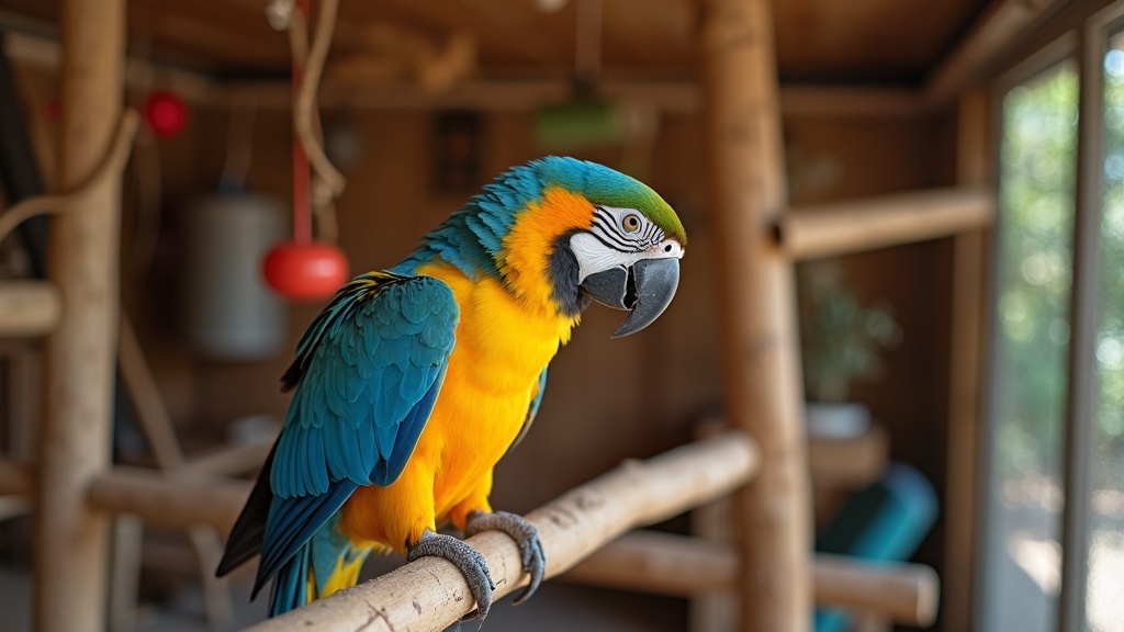 A colorful parrot perched inside a cozy, enriching environment with toys and natural perches