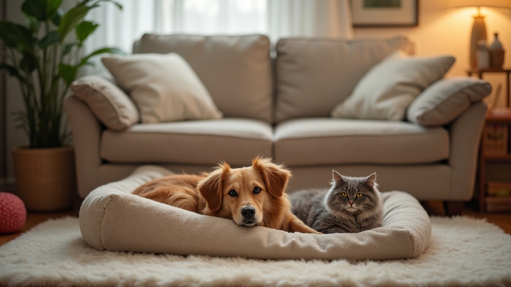 A cozy, calm dog and cat at home while their human departs