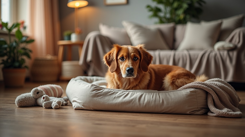 A cozy dog resting peacefully at home with toys and calming elements around.