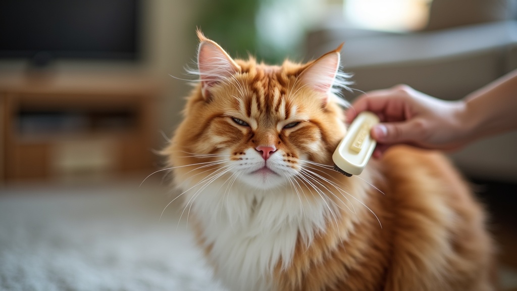 a fluffy cat being gently brushed, showing trust and relaxation