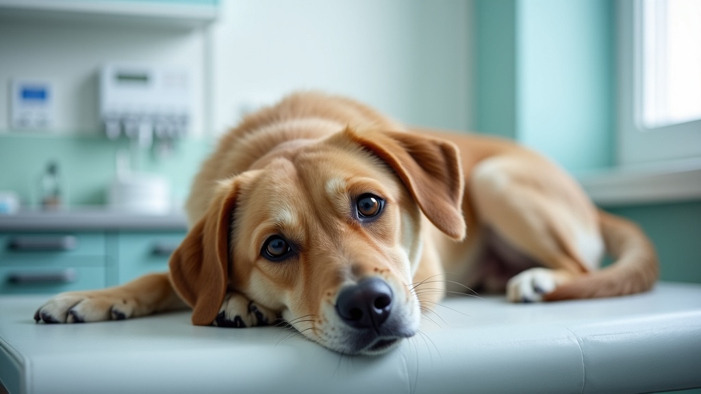 A relaxed dog at the vet's office, lying on an exam table with medical equipment in the background. The setting is clean, bright, and calming. NO humans or text present.