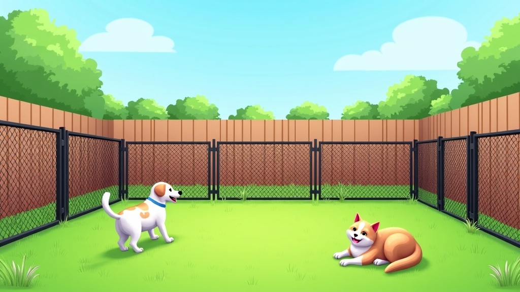 A safe backyard with various styles of pet fences, a playful dog, and a cat lounging within a spacious grassy area, under clear blue sky.