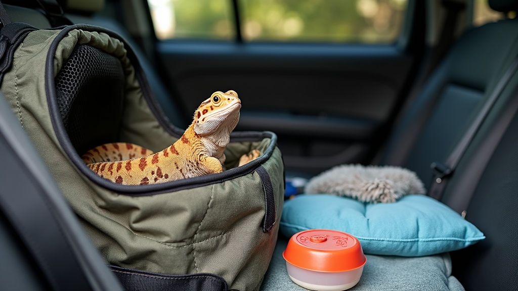 A secure reptile travel carrier with lizard inside, placed on a car seat, bucket of supplies beside.