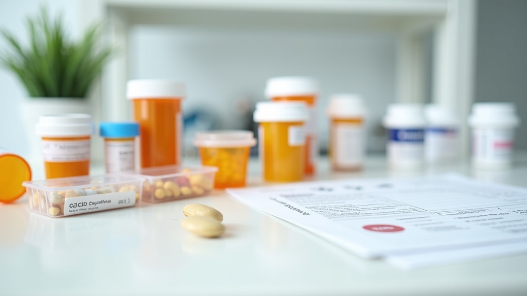 Assorted pet medications on a veterinarian's desk next to a prescription pad and a cat carrier