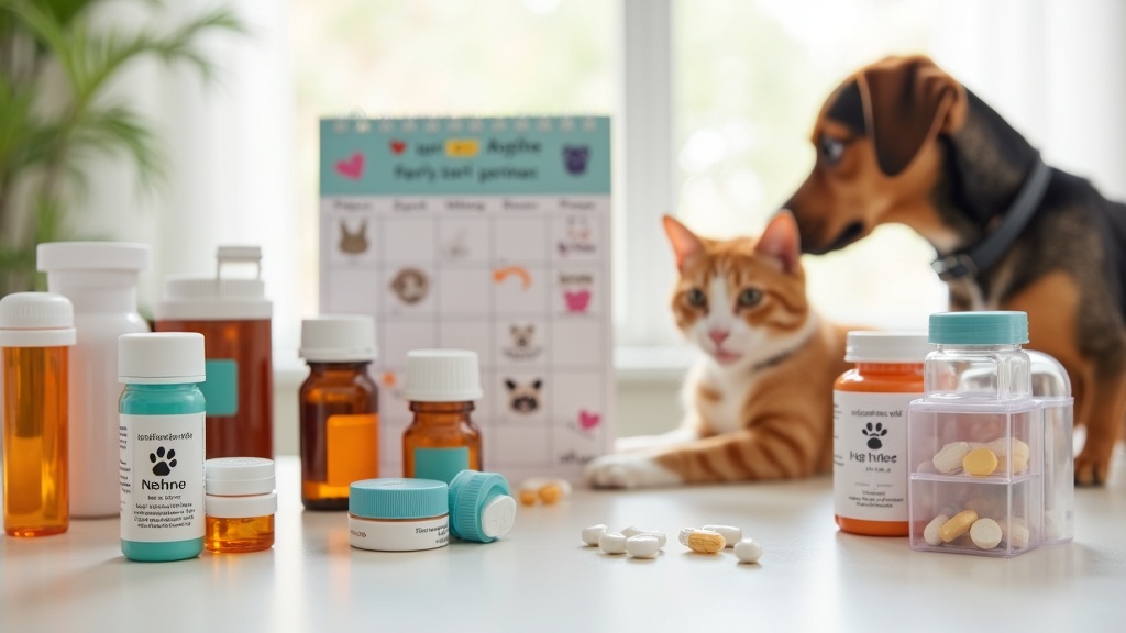 Cat and dog medicine bottles and schedules on a table