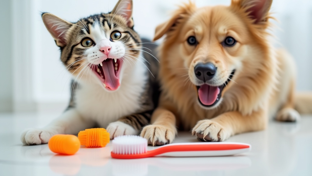 Closeup of a dog showing healthy, clean teeth with a toothbrush and toothpaste for pets nearby