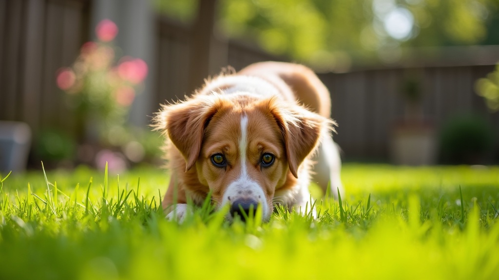 Dog eating grass outside on a sunny day