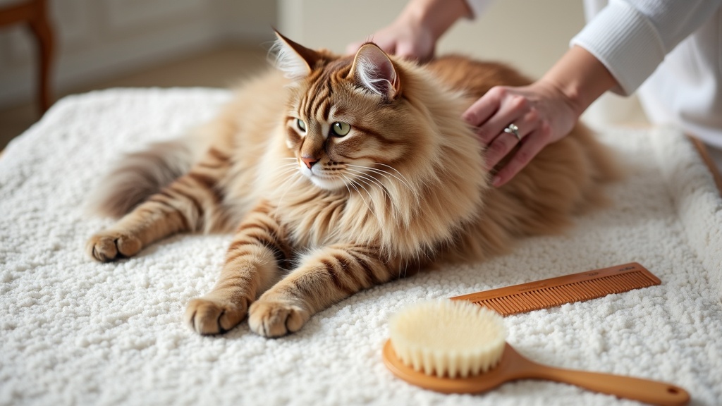 Long-haired cat being groomed on a cozy mat by itself. No text.