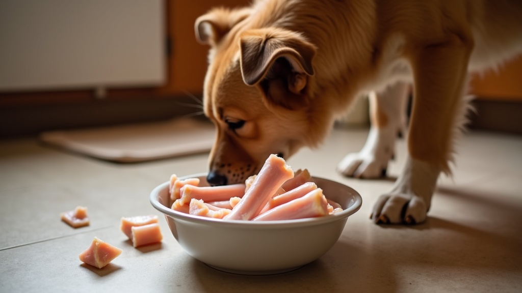 Raw chicken bones on a wooden cutting board with a curious dog looking on.
