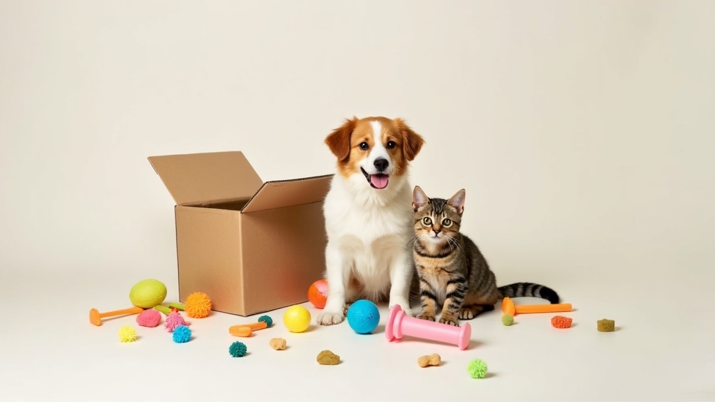 Dog and cat surrounded by open subscription pet box with toys and treats